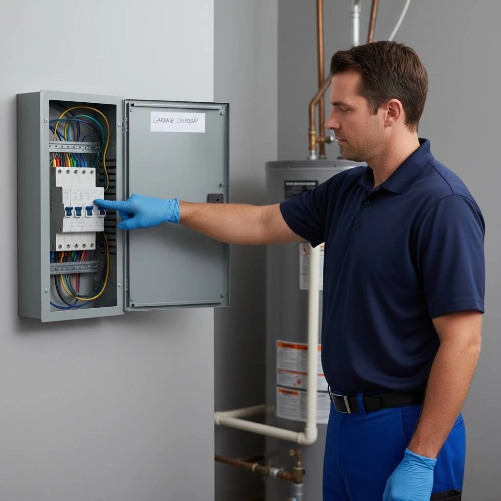  plumber turning off disposal power at the circuit breaker.