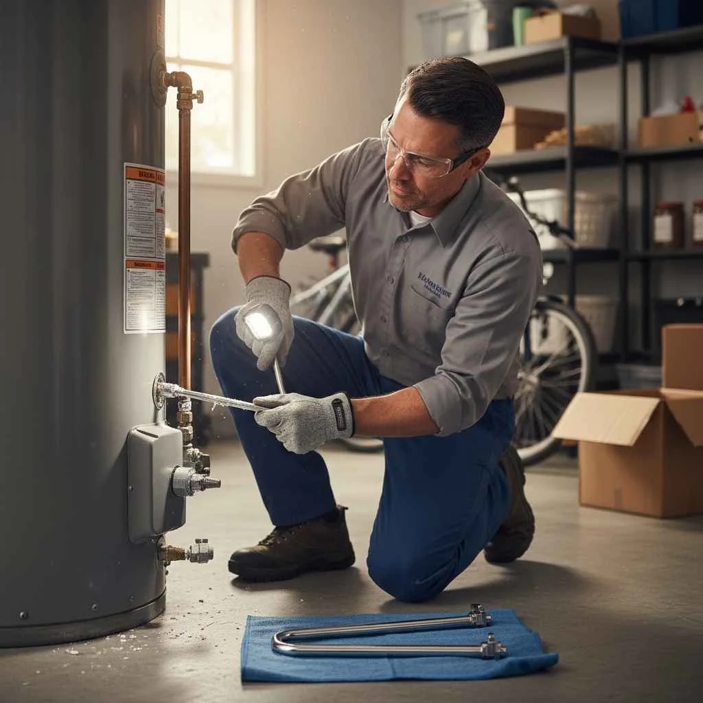 professional replacing a water heater element