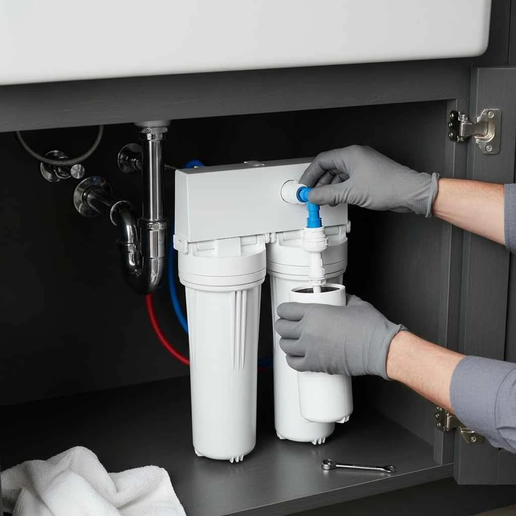 Close-up of filter cartridge being replaced under a kitchen sink