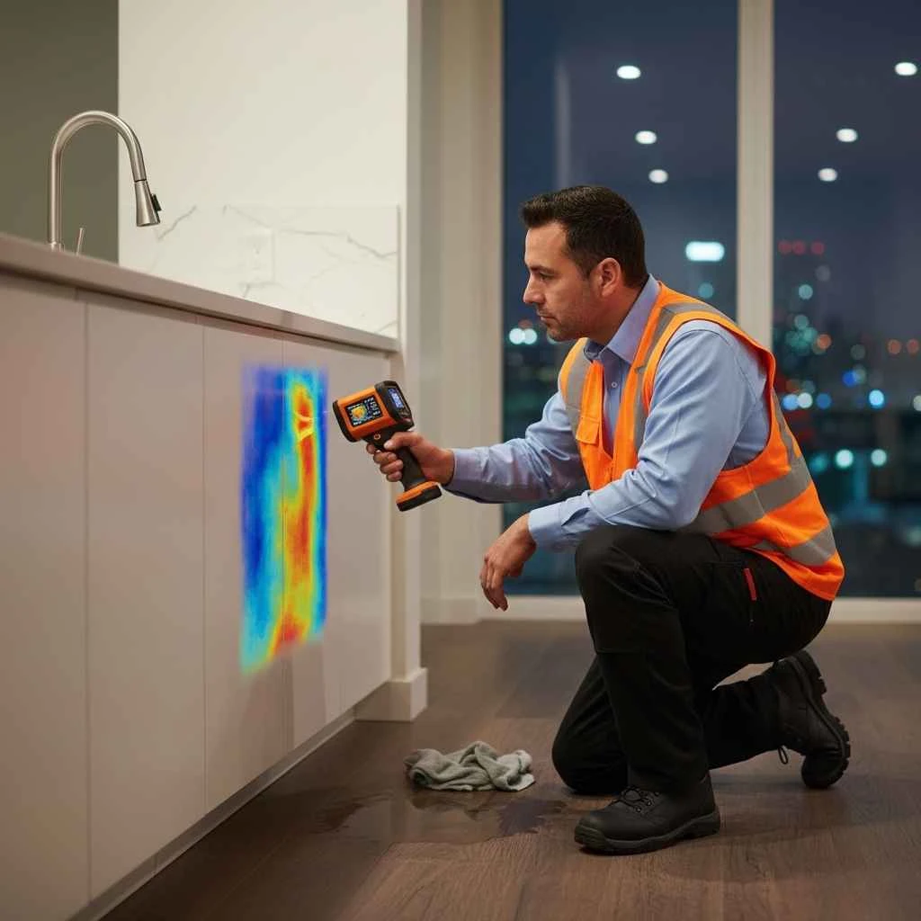 Plumber using a thermal camera to detect hidden water leaks in a Redwood City home