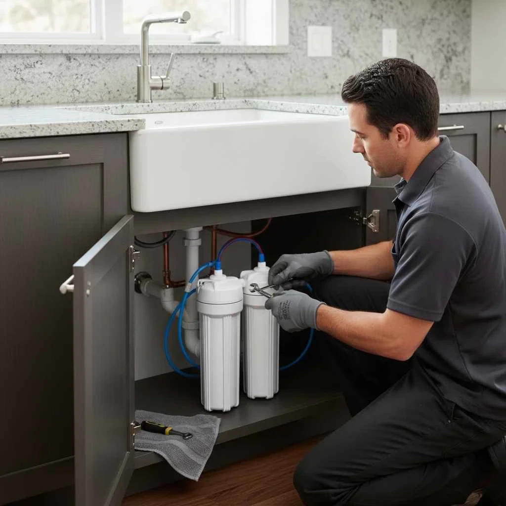 Professional installing a sleek under-sink water filter system in a modern Redwood City kitchen