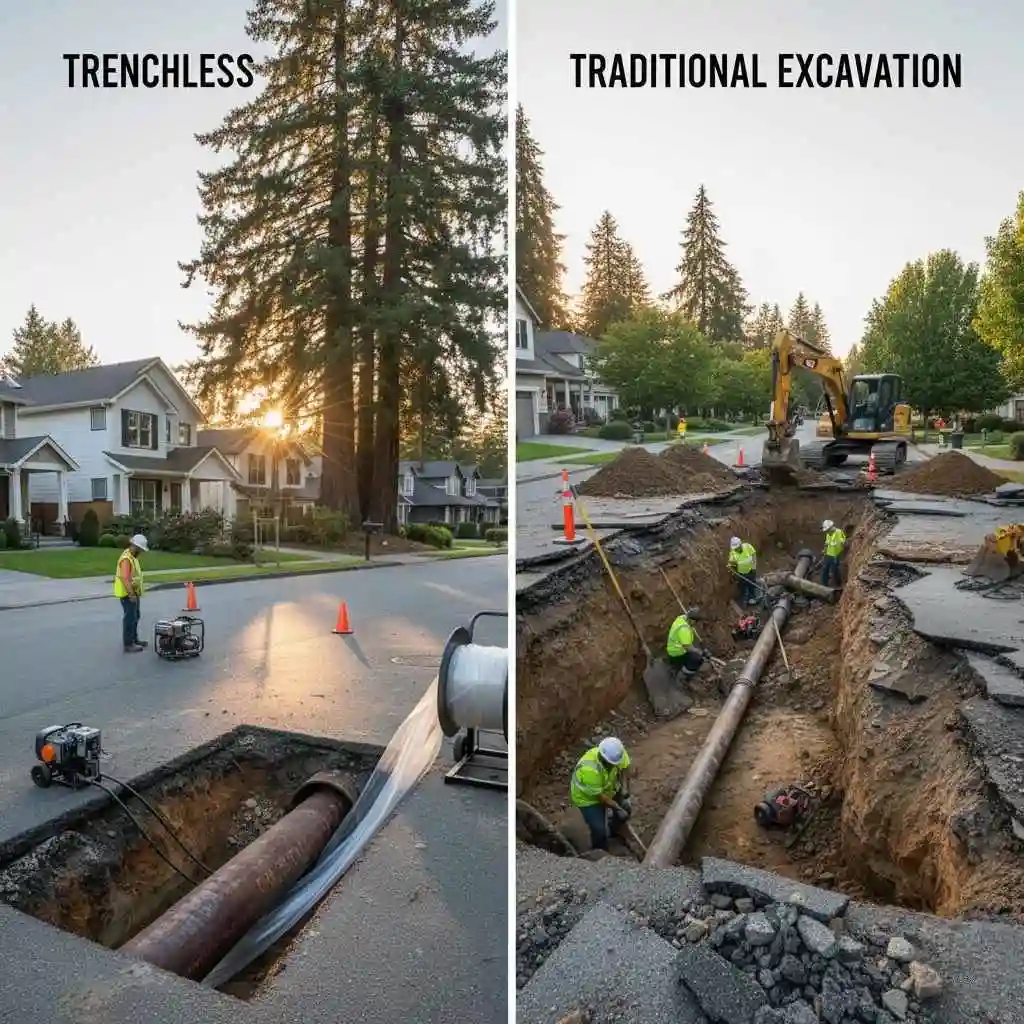 Side-by-side comparison of trenchless lining vs traditional excavation