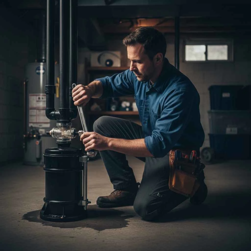 Technician installing sump pump check valve