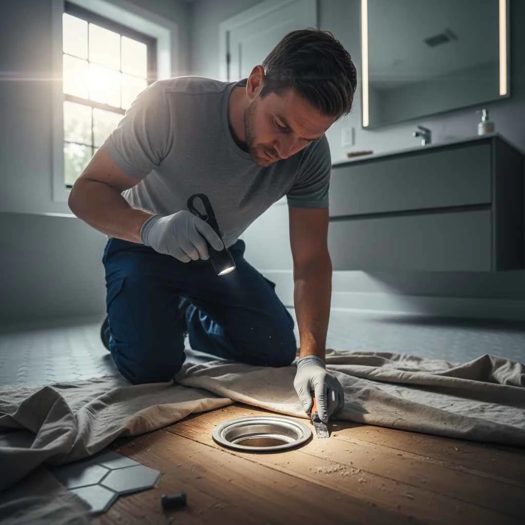 Plumber inspecting toilet flange and subfloor