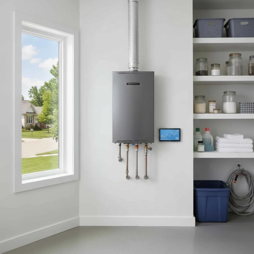 Wall-mounted tankless water heater in utility room