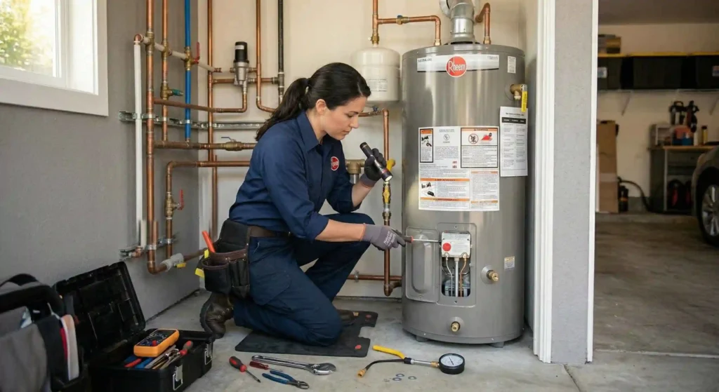 professional plumber repairing a water heater