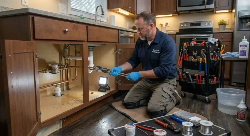 professional plumber working on residential plumbing system.