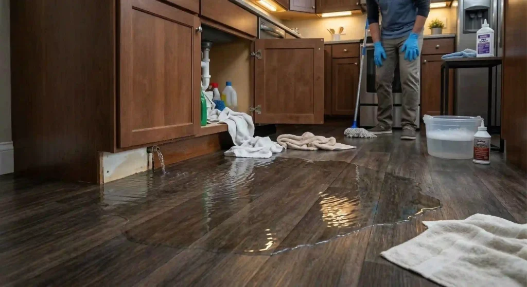 water pooling on a kitchen floor due to pipe leak.
