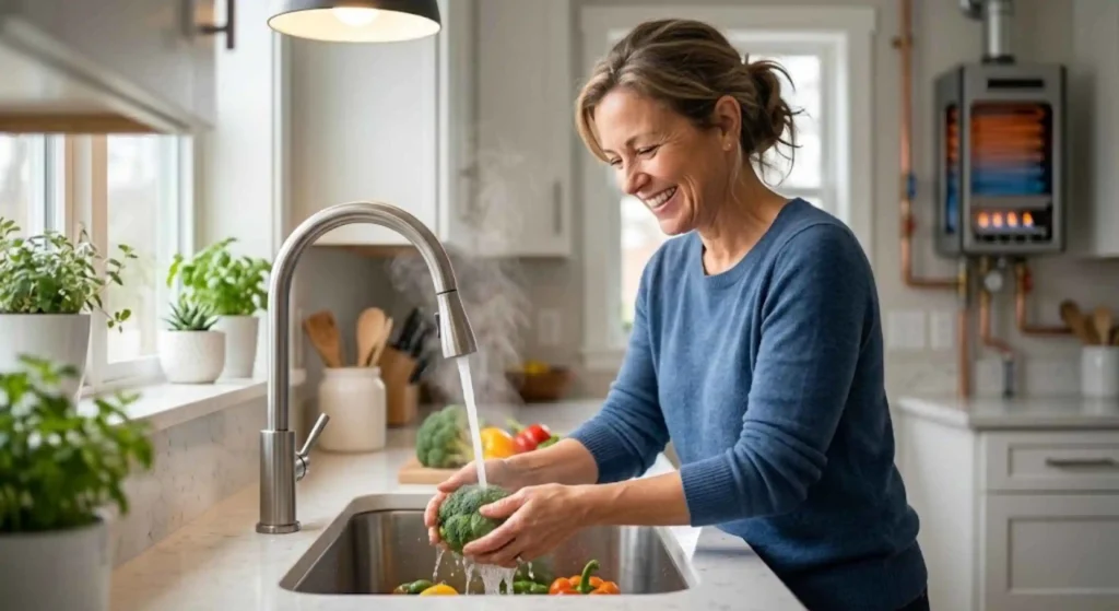 happy homeowner using hot water (shower or kitchen)