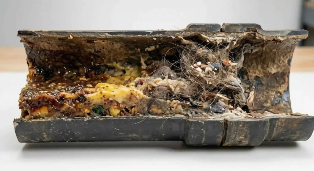 showing clogged pipe buildup