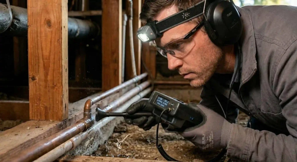 Acoustic leak detection equipment in use inside residential property