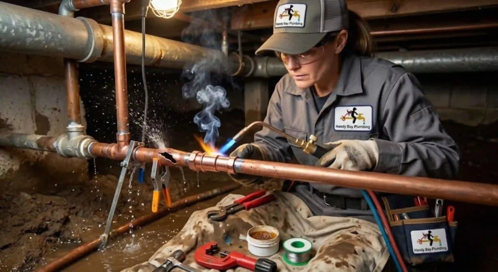 Emergency plumber fixing pipe leak in Redwood City