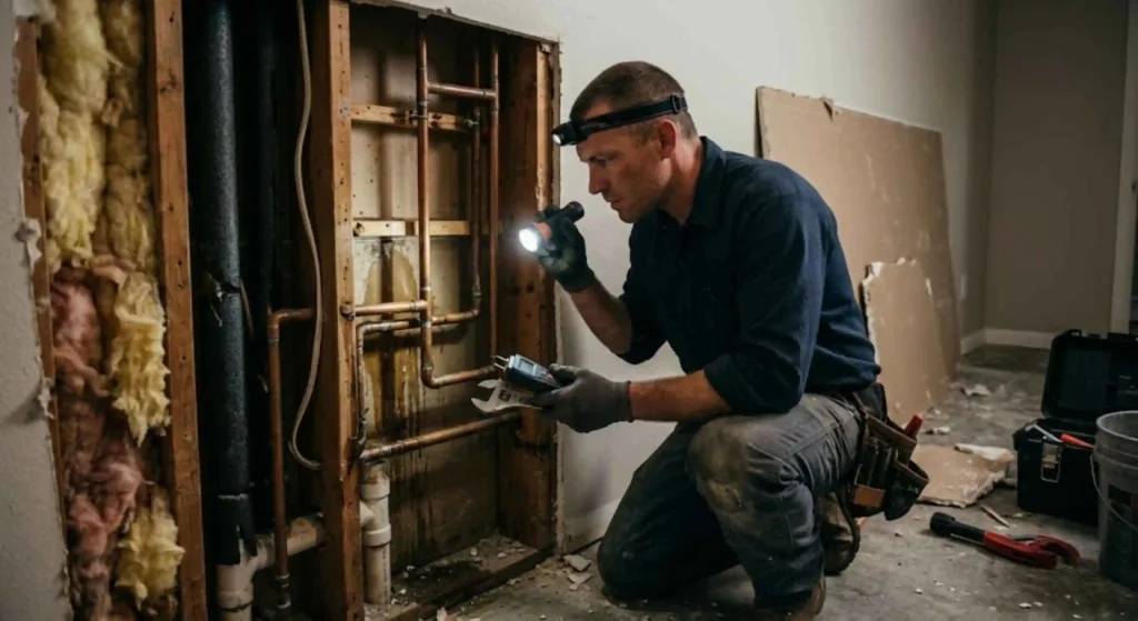 Plumber inspecting pipes after detecting hidden leak in home