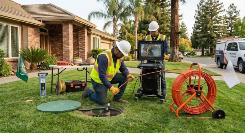 Sewer camera inspection being performed in residential yard