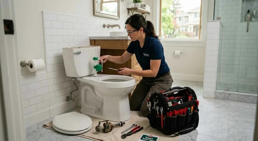 Bathroom toilet repair service fixing running water issue