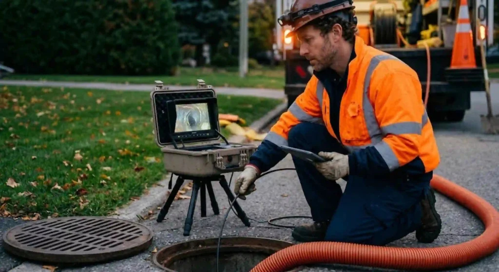 Drain and sewer service technician evaluating underground pipe system