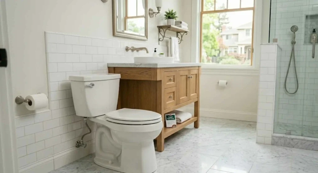 Fully restored bathroom plumbing fixtures after repair service