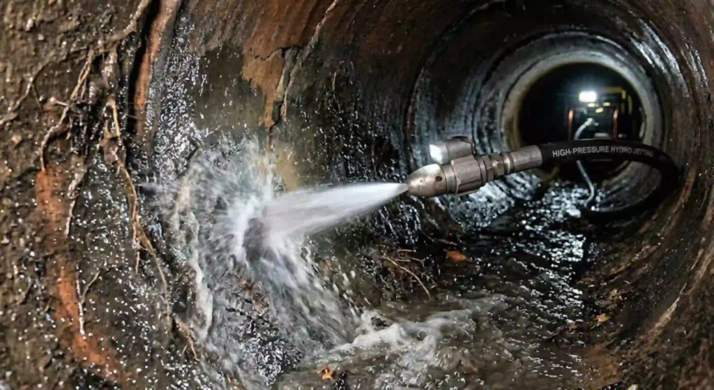 High-pressure hydro jetting equipment cleaning sewer line interior