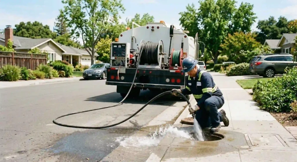 Hydro jetting sewer cleaning process in Menlo Park
