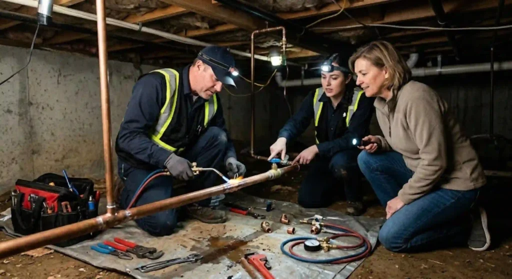 Leak repair team helping homeowner reduce water costs