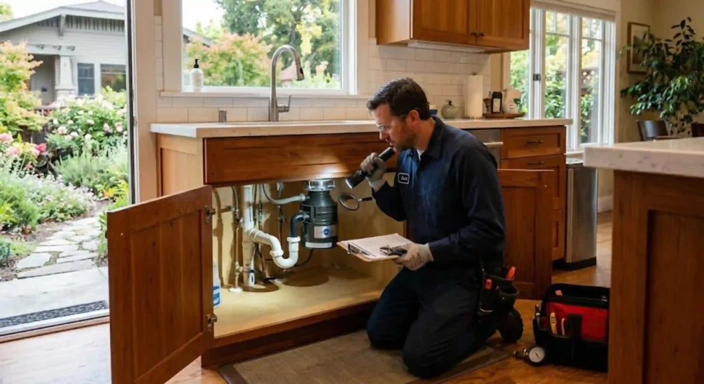 Residential plumber performing plumbing maintenance inspection in Menlo Park