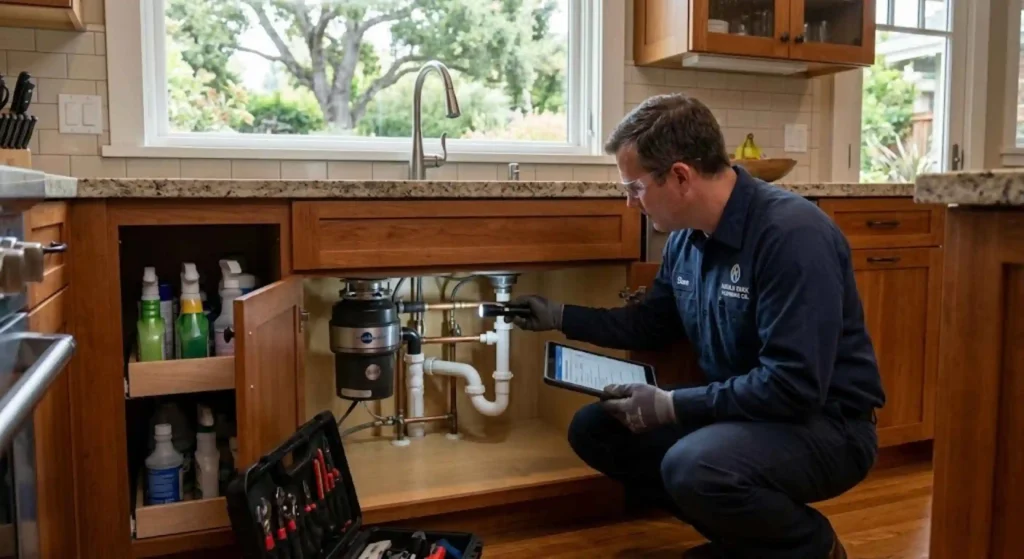 Residential plumbing fixture inspection in Menlo Park home