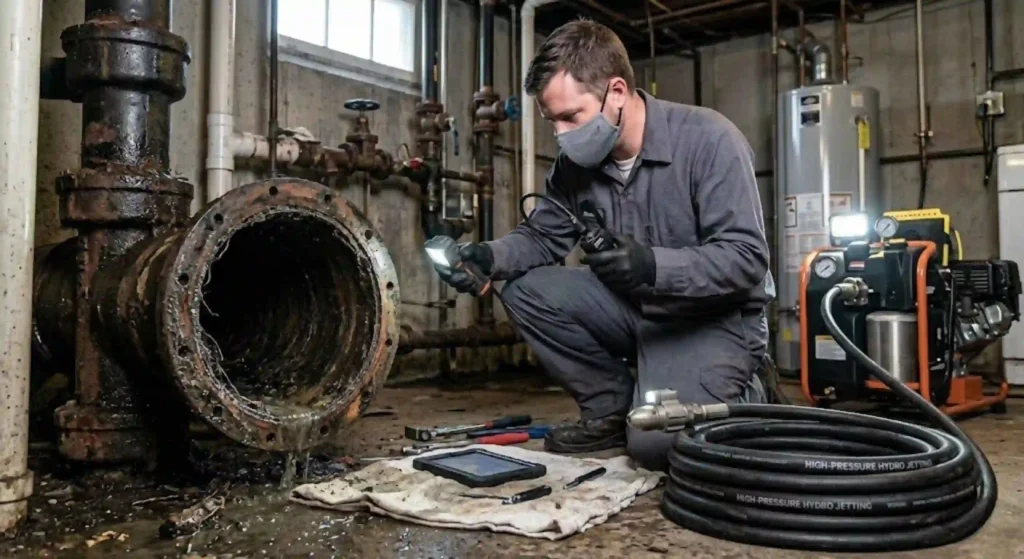 Technician inspecting plumbing system before hydro jet cleaning service