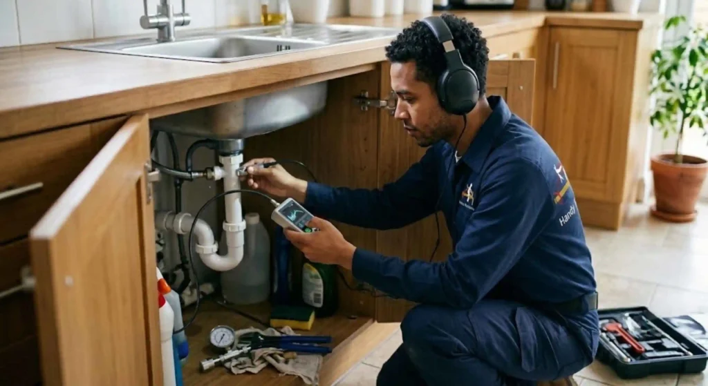 Technician locating hidden plumbing leak