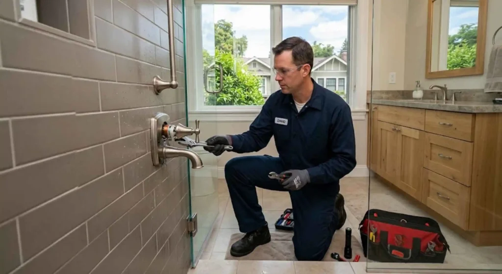Technician repairing bathroom plumbing fixture during Menlo Park maintenance service
