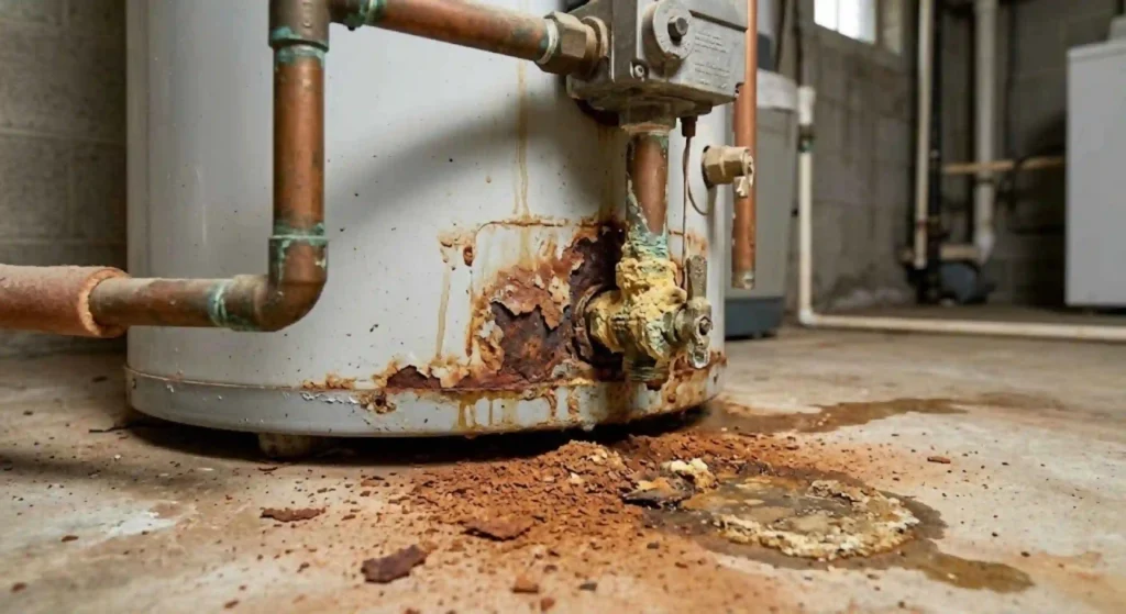 Water heater showing signs of corrosion and sediment buildup