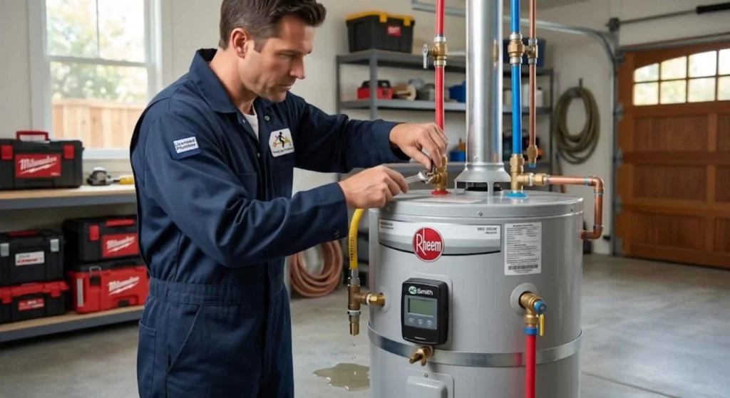 Licensed plumber repairing a residential water heater in Menlo Park