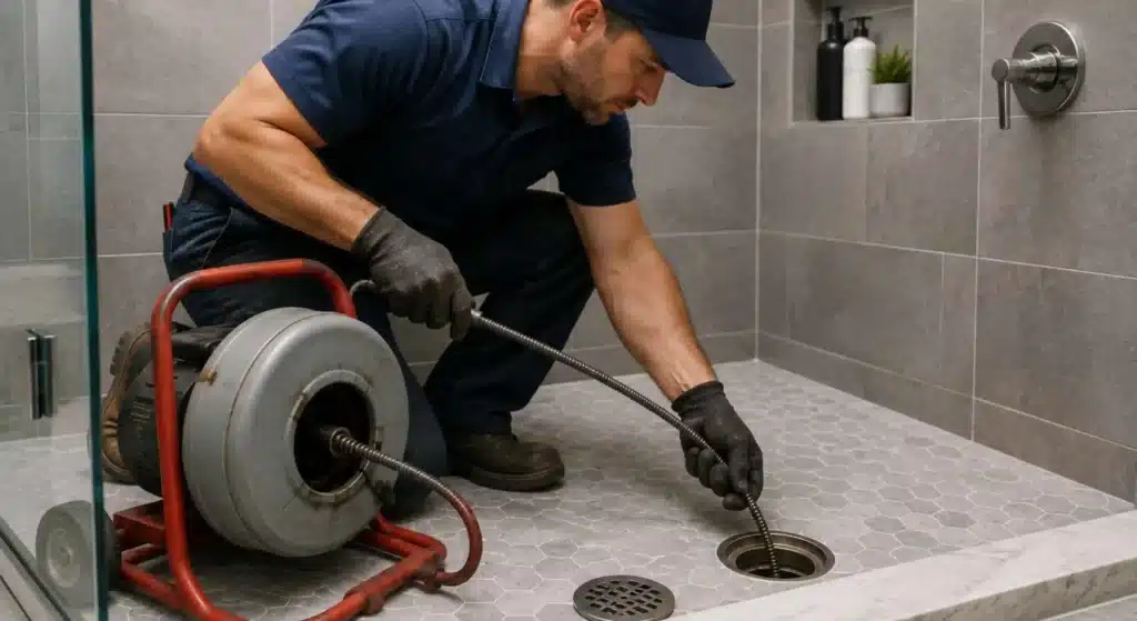 Drain snaking equipment being used to clear a clogged shower drain in Redwood City