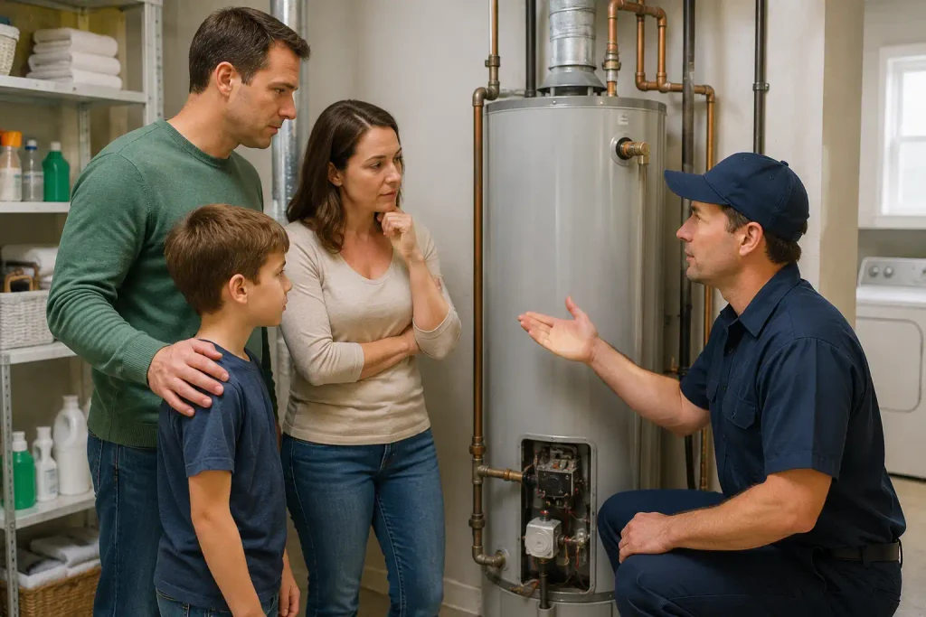 Licensed plumber performing water heater repair in a Redwood City home