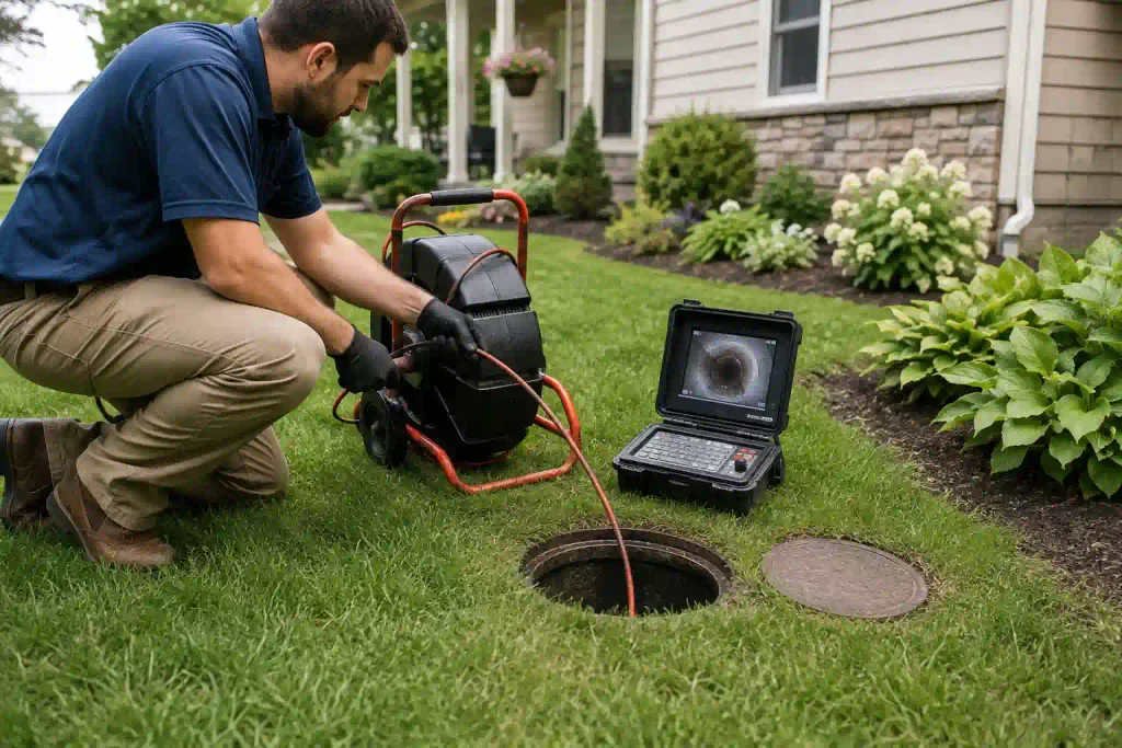 Plumber performing a sewer line inspection at a Redwood City home