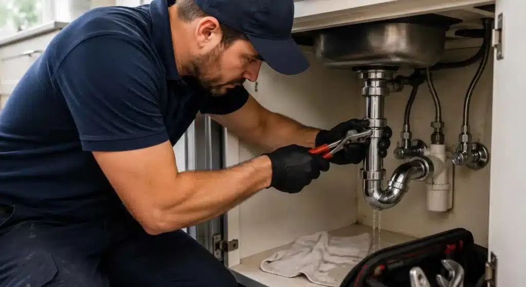 Professional plumber repairing a leaking pipe in a Palo Alto home