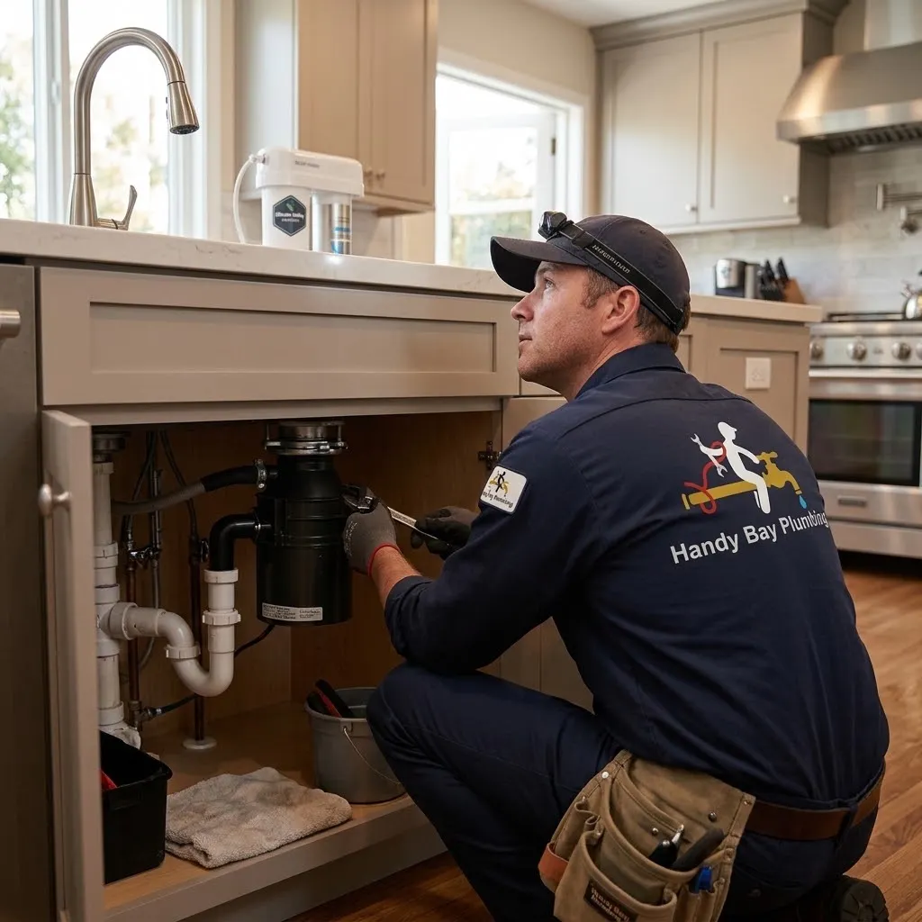 Local plumber inspecting a Garbage Disposal under a Palo Alto kitchen sink