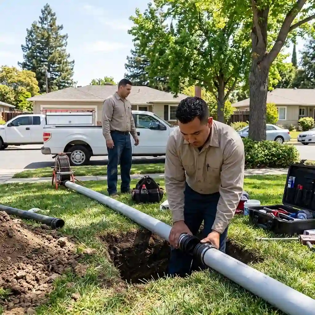 Palo Alto plumber completing professional sewer line repair at a residential home