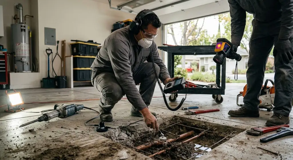 Palo Alto plumber performing acoustic slab leak detection beneath a concrete floor