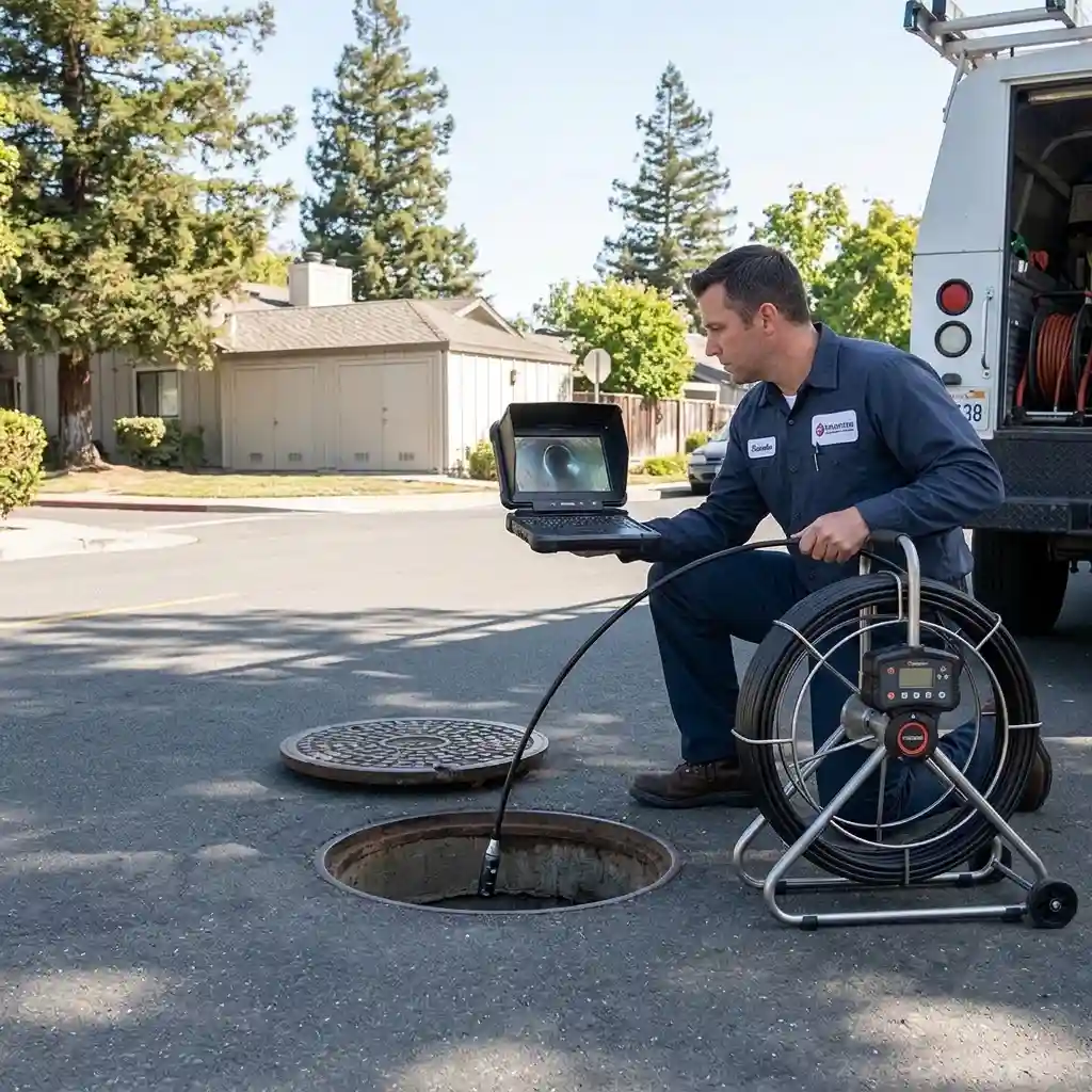 Plumber using a sewer camera to inspect an underground sewer line in Palo Alto