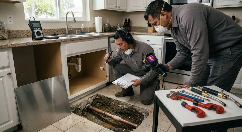 plumbing technician inspecting a home after detecting a hidden slab leak
