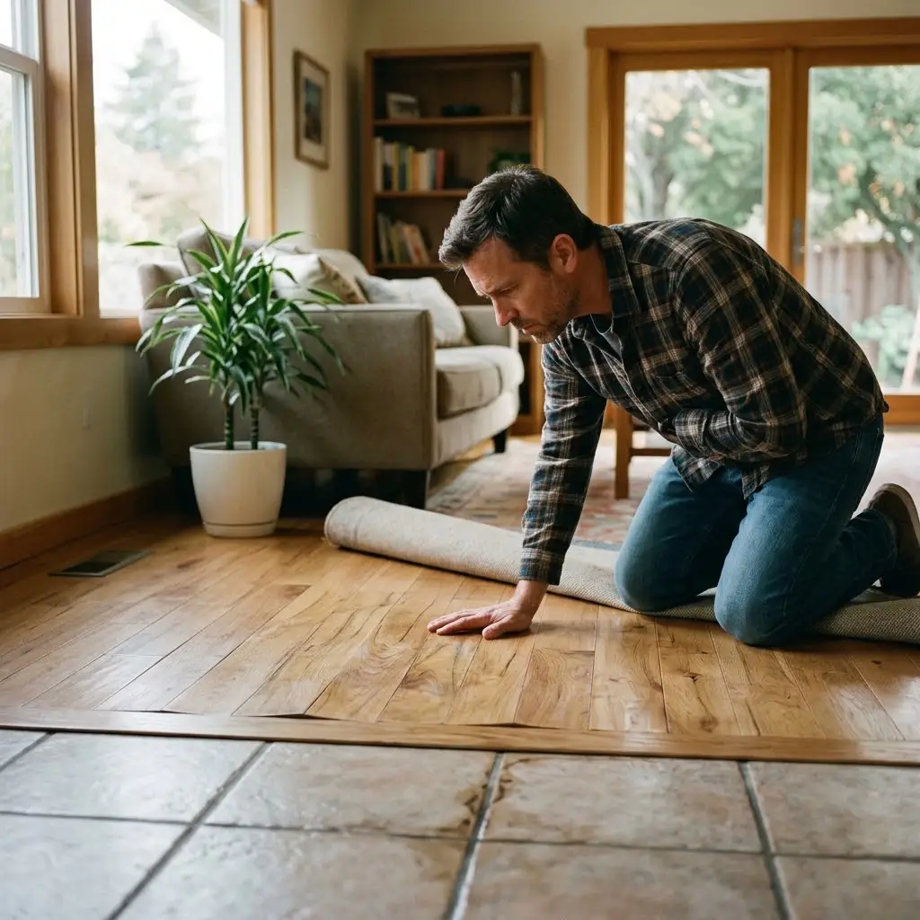 Homeowner noticing possible slab leak warning signs on flooring in a Redwood City home.