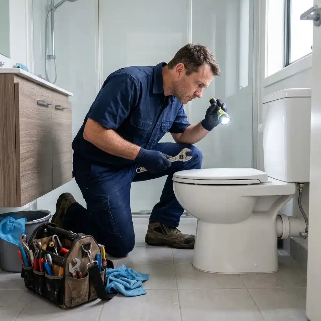 Plumber examining toilet drain connections to identify a recurring blockage in Palo Alto
