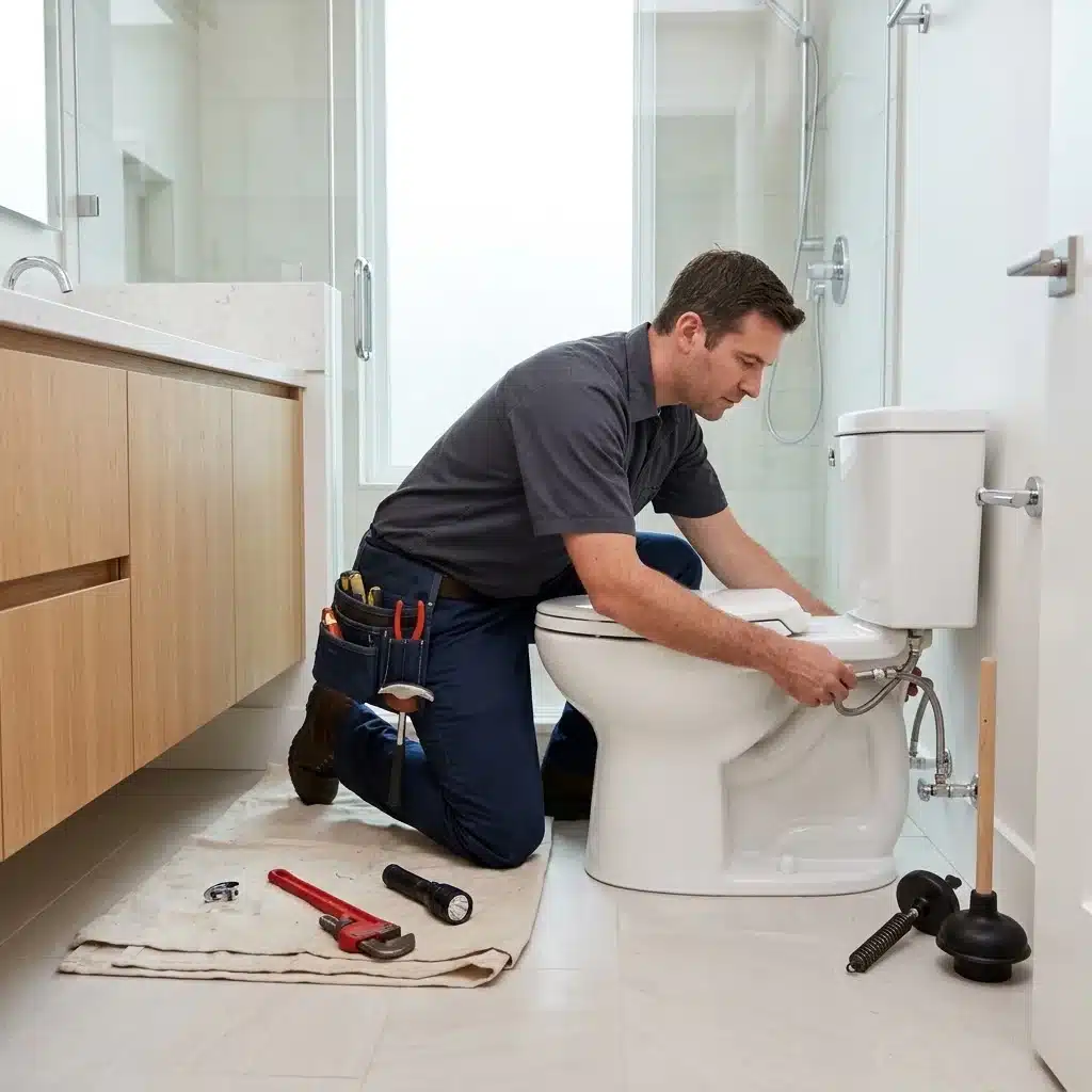 Plumber testing a repaired toilet and checking plumbing connections after clearing a blockage in Palo Alto, CA