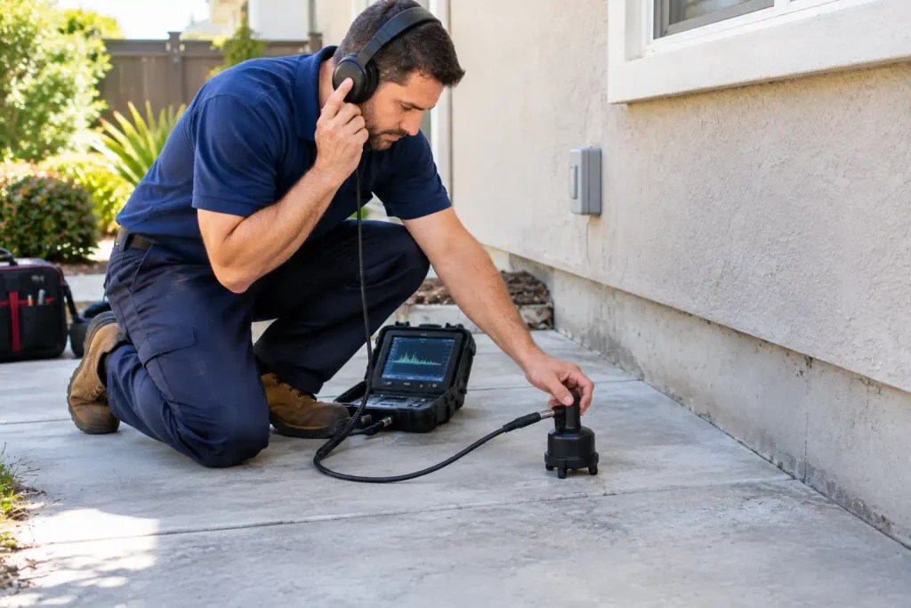 Professional plumber using acoustic leak detection equipment to locate slab leaks beneath a concrete foundation.